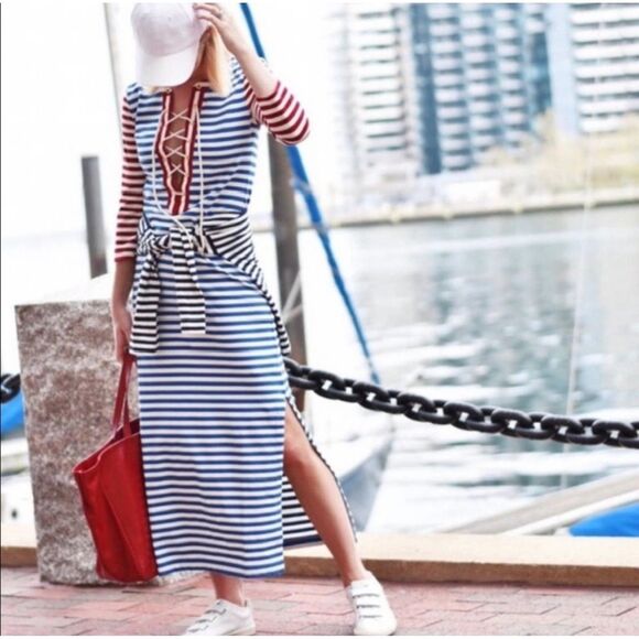 J CREW Sammie Stripe Baltic Maxi Dress, Lace Up Tie Front, Sz L - Picture 2 of 11